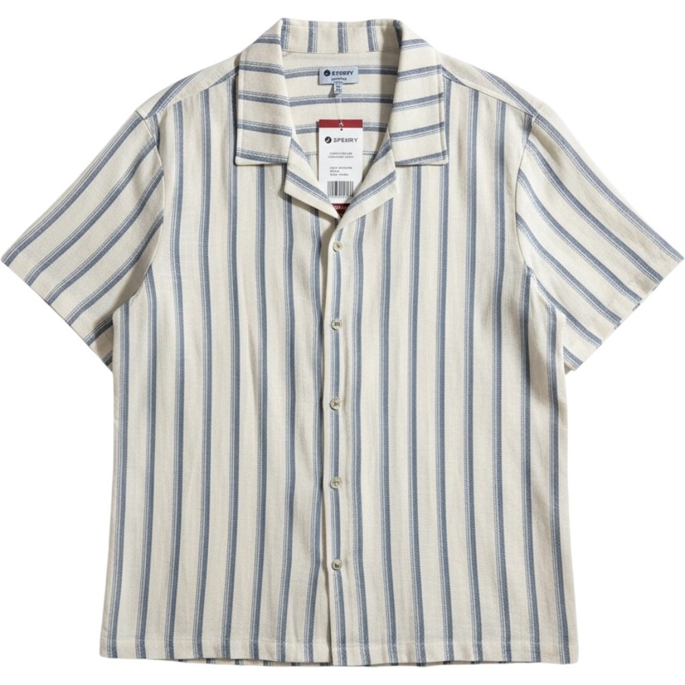 Sperry Mens XL Camp Collar Textured Shirt White Blue Striped  NEW